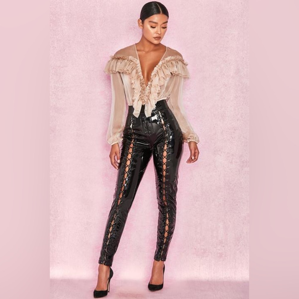 House of CB Shiny Black Lace Up Pants